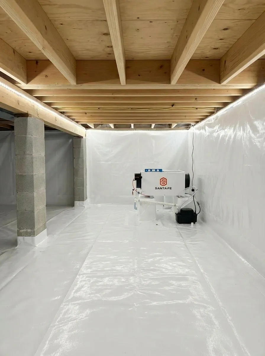 Finished encapsulated crawlspace with a bright sealed liner and an installed dehumidifier